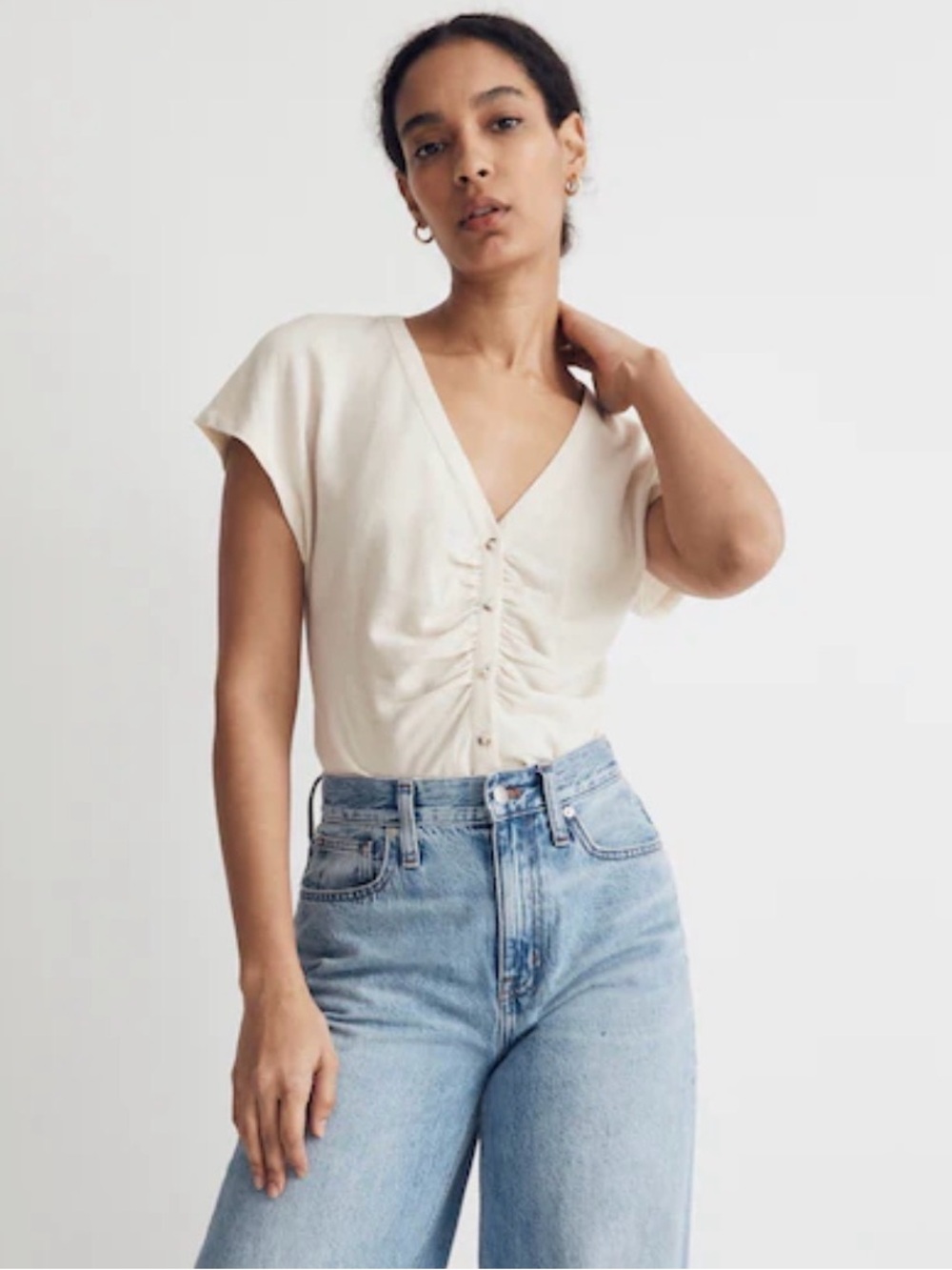 Madewell Cream Ruched V-Neck Short Sleeve Top